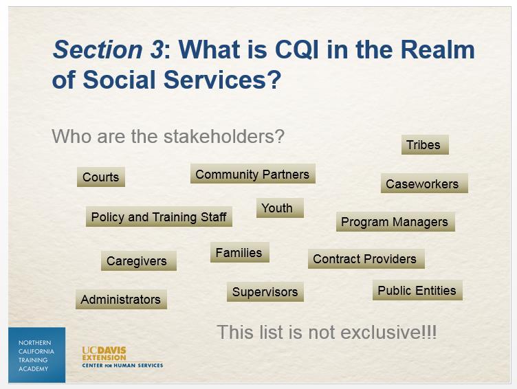 Slide 13 The list of CQI stakeholders in child welfare is extensive and diverse.