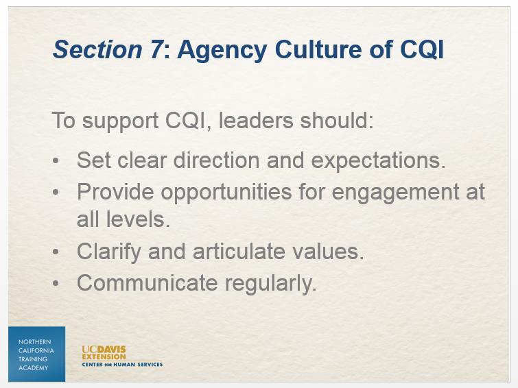 Slide 26 In this clip, Dr. Wulczyn discusses what CQI culture means for child welfare stakeholders and the contexts in which they work.