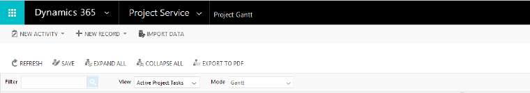 17 Customer Project Project Task Project Task Assignment New projects may be created using the Dynamics 365 form, Quick Create feature or Project Gantt application. 3.1.1 Creating a Project in Project Gantt Step 1: Navigate to the Project Service area and select Project Gantt in the Project Management group.