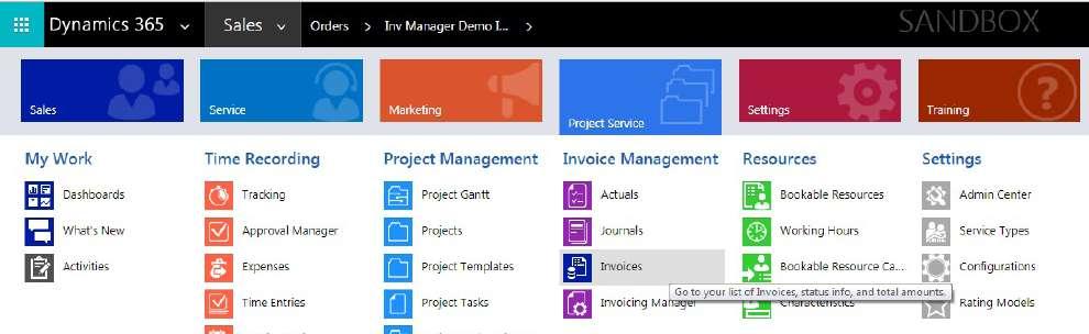 2 Creating an Invoice via Dynamics 365 Form Step 1: Navigate to the Project Service area and select