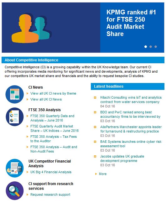 Competitive Intelligence Up to date Competitive Intelligence, ethically curated from the analysis of publicly available information, is critical for business decision-making and to help KPMG pursuit