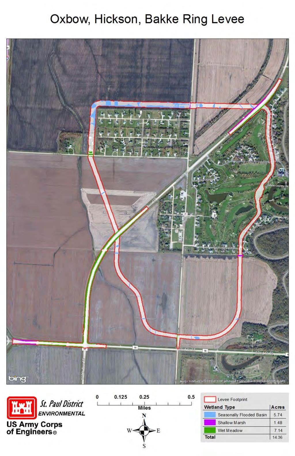 Oxbow/Hickson/Bakke Ring Levee: There would be approximately 14 acres of wetlands impacted by the ring levee around Oxbow, Hickson, and Bakke and the associated road raises (Figure 21).