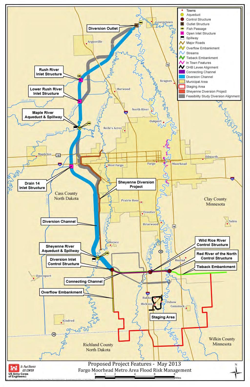 Figure 1: Proposed modifications to the diversion alignment, in-town levees, and