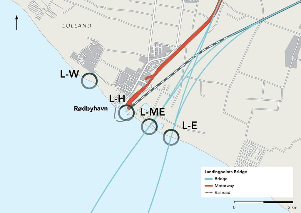 6.1.1 Determination of alignment for the bridge solutions The two alignment alternatives for a bridge solution differ by having approach L-ME approx. 600 m east of Rødbyhavn harbour or L-E approx. 1.