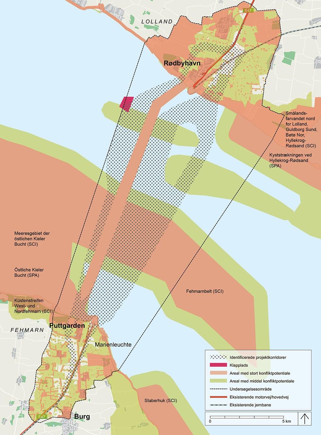 FIGURE 4.3 Conflict potential between the coast-to-coast project and environmental interests. Areas without a coloured sign were assessed as having low conflict potential 4.1.