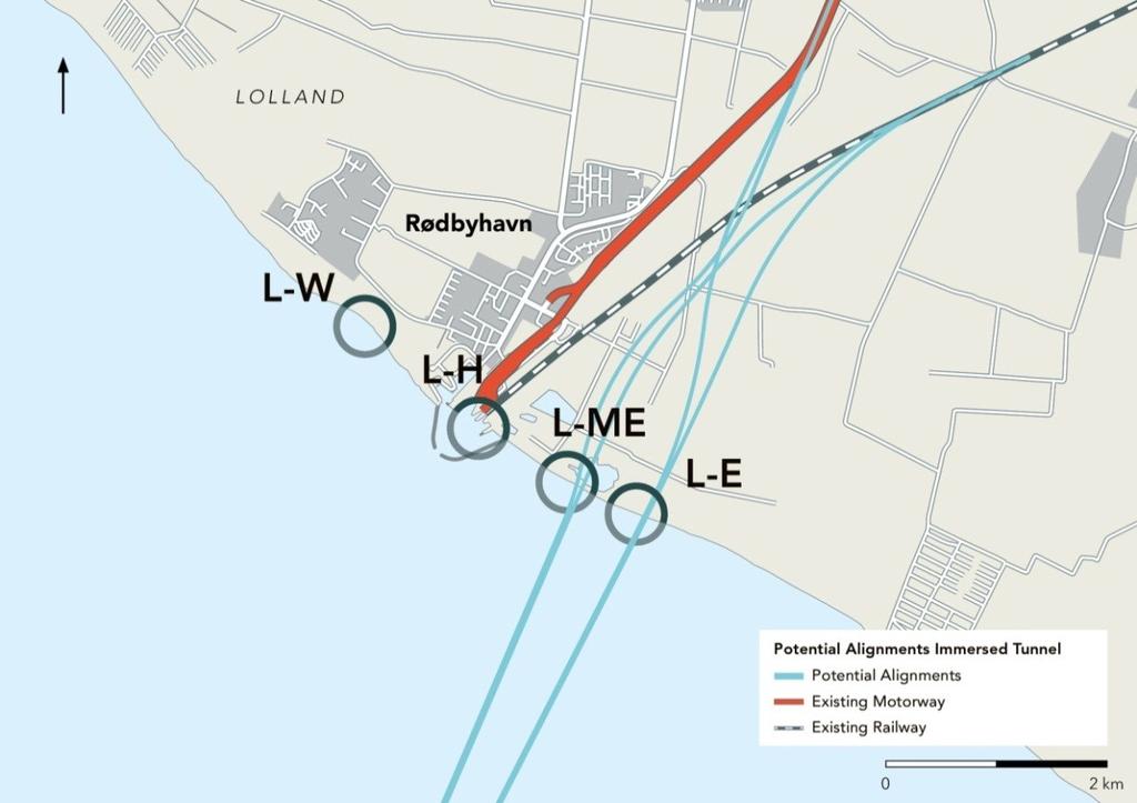 FIGURE 4.6 Alignment L-ME and L-E for the immersed tunnel, Lolland Alignment L-ME L-ME s landing point on Lolland is approx. 1 km from the existing harbour facilities and approx.