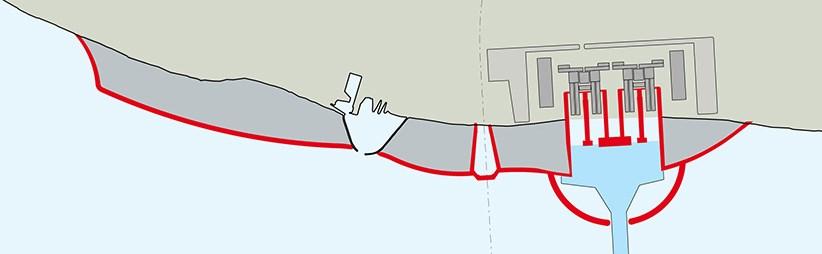 starts in the east with the establishment of temporary containment dikes (including an embankment) around the reclamation area and work harbour. Reclamation commences.