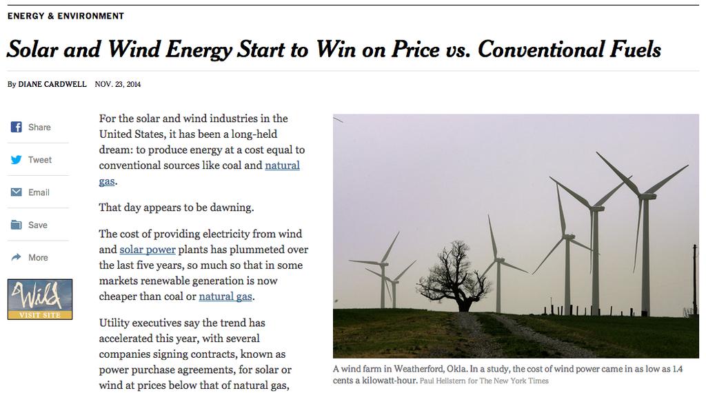 New York Times Nov. 24, 2014 Cost of wind: $0.014 / kwh ($0.