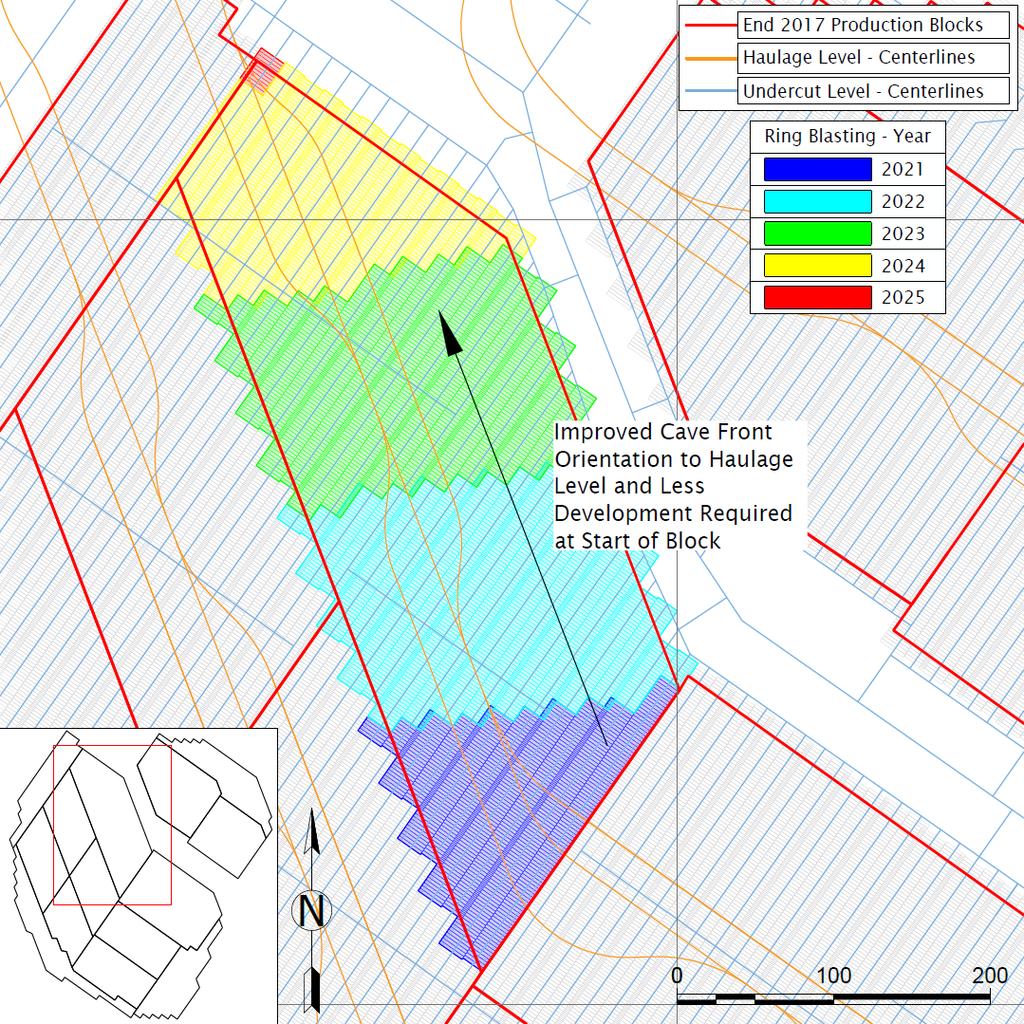 Mine planning Figure 4 End-2017 caving direction for PB2N Multiple TTL runs examining various block boundaries and caving directions led to the final end-2017 sequence.
