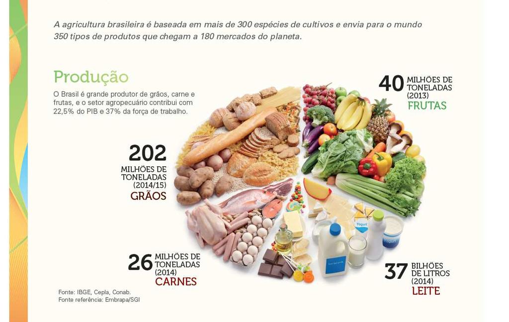 Brazil uses 300 agricultural species and exports 350 types of products to 180 markets around the world Production Brazil is a large producer of grains, meat and fruits, and the agricultural sector