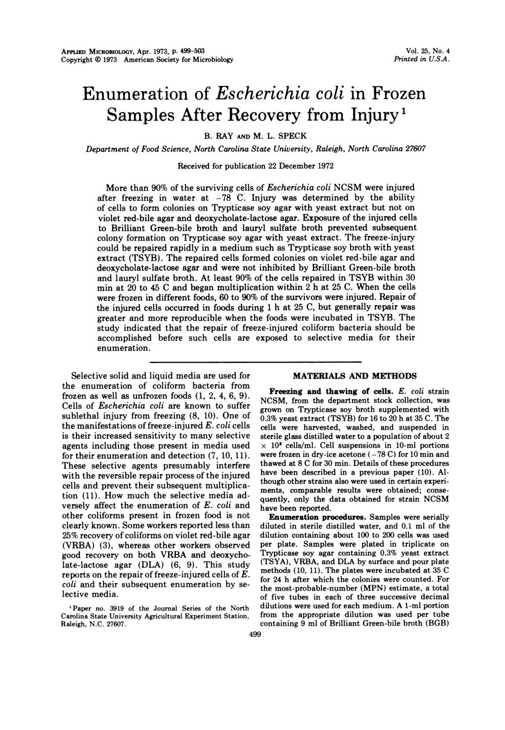 APPUED MICROBIOLOGY, Apr. 1973, p. 499-53 Copyright 1973 American Society for Microbiology Vol. 25, No. 4 Printed in U.SA.