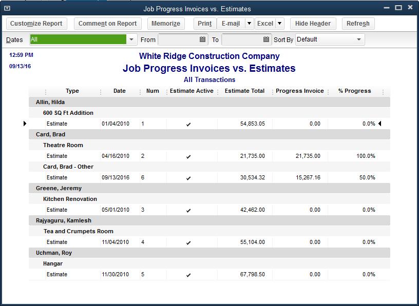 Displaying Reports for Estimates Displaying Reports for Estimates Because you ve just completed a progress invoice, you can see how QuickBooks records this on the Job Progress Invoices vs.