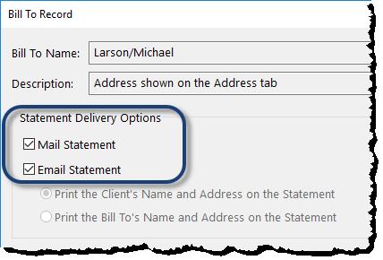 7. Select the Statement Address and/or Email Delivery Options based on the delivery selection. 8. Click OK to save the Bill To record.