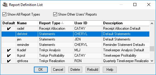 Using Report Definitions to Define Batches Tabs3 Billing allows you to save all of the parameters specified for statement runs and individual reports as report definitions.