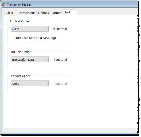 Figure 41, Transaction File List Sort tab Client tab Transactions tab Options tab The Client tab allows you to specify a range of clients, timekeepers, categories, billing frequencies, locations,