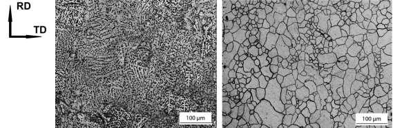 Fig. 1 Microstructure of (a) as-cast and (b) annealed (at 450 C for 10 h) TRC AZ31 magnesium alloy strip. After the second ECAP pass the grain refinement in both materials is observed.