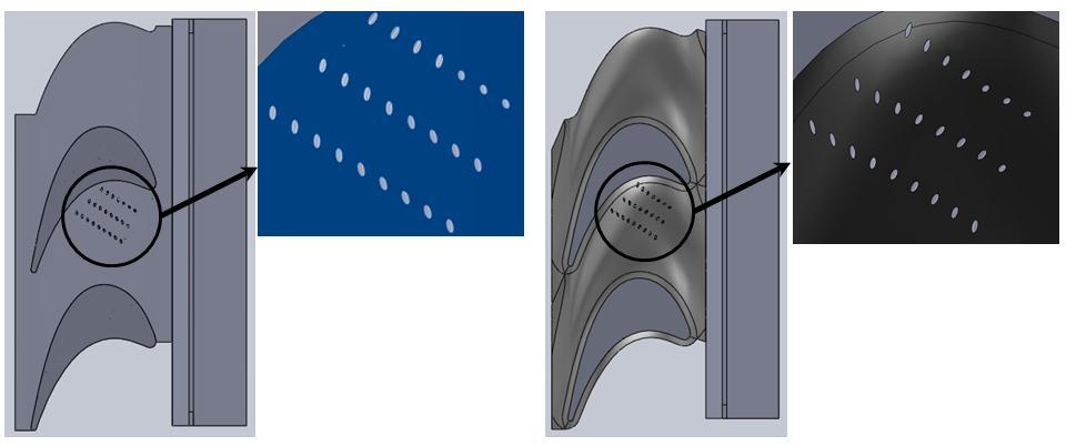 of holes as shown in Figure 2.7 starts just after the leading edge from pressure side of the airfoil and extends up to ~ 0.5 axial chord length along the passage. (a) (b) Figure 2.
