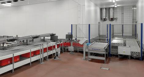 The products are previously placed in plastic boxes of the eurobox type, measuring 600 x 400 x 300 mm, forming a transport and storage unit In this area that connects to the packaging lines, the