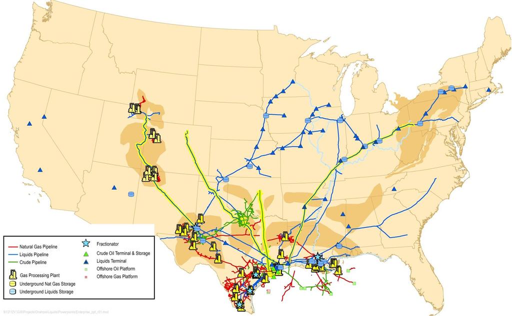 ENTERPRISE ASSETS: NATURAL GAS, NGLS, CRUDE OIL AND PETROCHEMICALS Asset Overview Pipelines: 52,000 miles of natural gas, NGL, crude oil, refined products and petrochemical pipelines Storage: 200