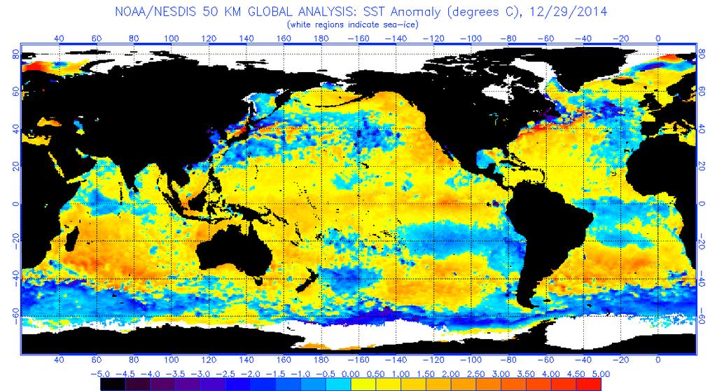 Oceans Averaged Global Sea Surface Temperature for Jan-Dec 2014 were estimated 0.48 C (*) above the 1961-1990 long term average, a record high value.