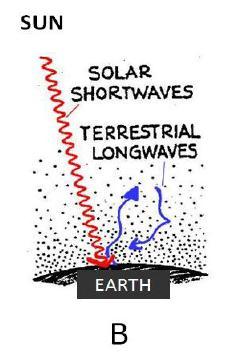 Q9. Diagram B shows LW (IR) terrestrial radiation being absorbed and then emitted back down by the gases in the atmosphere.