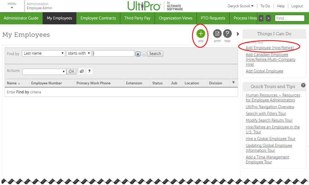 The Hire an Employee screen appears. Ultipro will lead you through the series of screens listed on the left side.