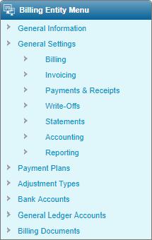 Managing Billing Entities Page 131 General Information General Settings Contains the general information for the billing entity.