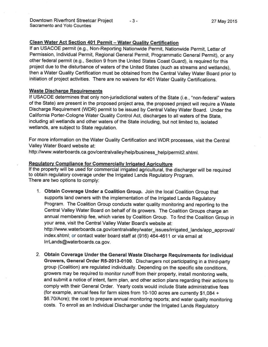 LETTER 1 - CENTRAL VALLEY REGIONAL WATER QUALITY CONTROL BOARD Downtown Riverfront Streetcar Project Sacramento and Yolo Counties -3-27 May 2015 Clean Water Act Section 401 Permit-Water Quality