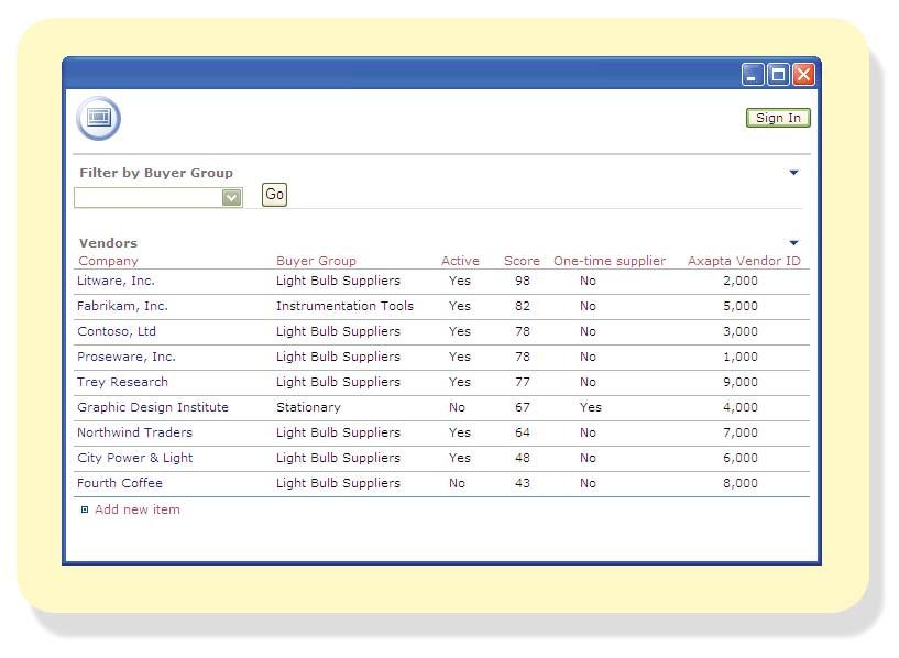 Figure 2: Vendors List After clicking on the link, a page appears (displayed in Figure 2) listing details about each vendor stored in Microsoft Dynamics AX.