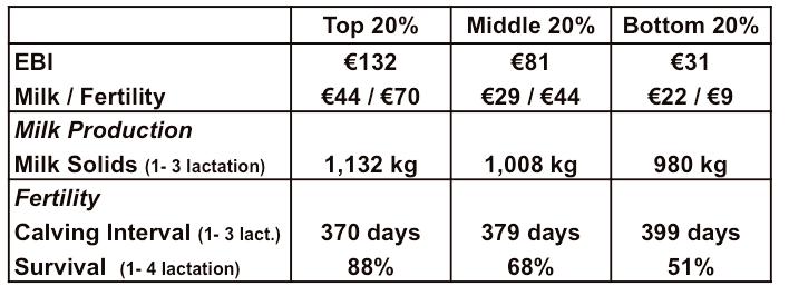 EBI Dairy Open Day Data from the Deise 1250 Group herds is presented in the following table. The top group had an average EBI of 132 of which 44 came from milk index and 70 from fertility index.