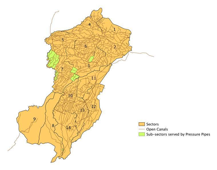 8 remaining 1% of te region were water is delivered to end-users on demand (Fig. 1). Fig. 1. - Map of te area served by te Burana RIB irrigation services.