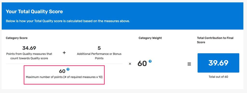 Your Total Quality Score: Reasons your Maximum Number of Points might not be 60 (Claims, EHR, Registry/QCDR): If you are scored on 6 measures plus the All-Cause Readmission measure, your maximum