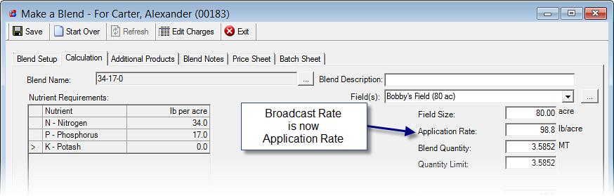 Blending Application Rate Broadcast rate has been renamed to