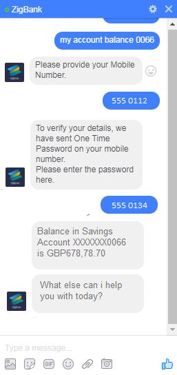 Account Balance screen 2. If user click Balance. a. The Chatbot asks user to select account type. b. Select the appropriate account type c.