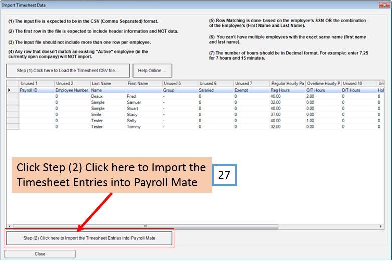 27. Click Step (2) to Import the Timesheet Entries Payroll