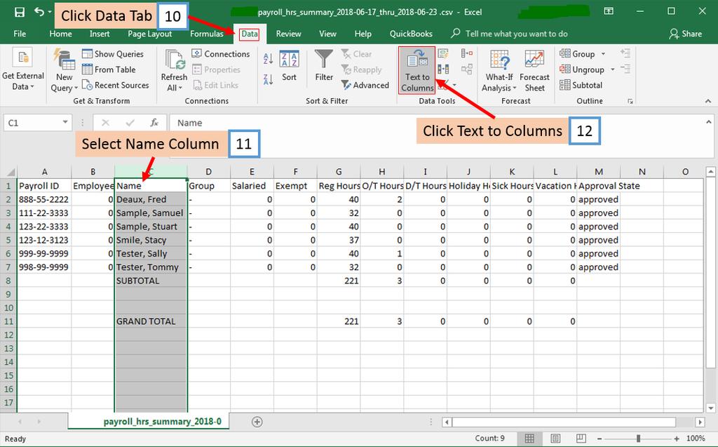 10. Click the Data Tab 11. Select the column with the full name 12.