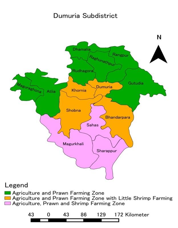 Study area 2: Dumuria Sub-district (Agriculture and freshwater prawn farming zone) Total Upazila area: 44,797 ha Total cultivable land: 34,873 ha Prawn farming area: 8,226 ha Shrimp farming area: