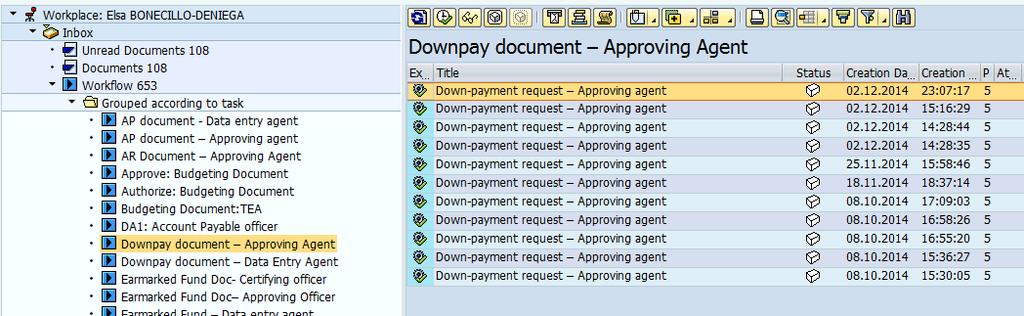 Grant Execution: E. Approve down-payment request in Workflow (Role: FI Accounts Payable Senior User) Selects the Workflow icon from the main screen. Note the two levels of approval.
