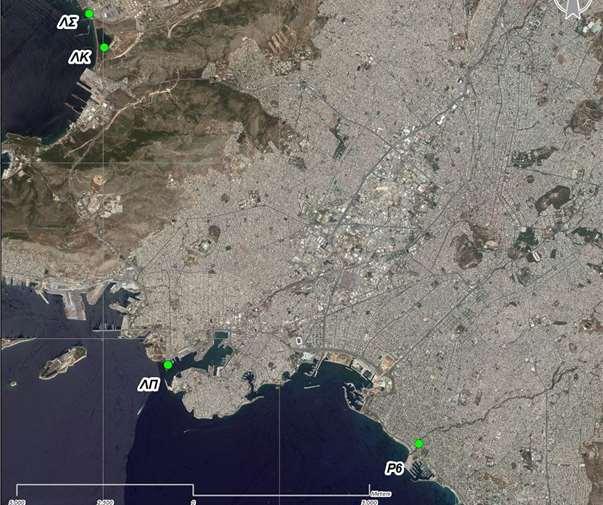 Field-water sampling locations (two ports for seawater, one lake and one stream): ΛΠ = Piraeus Port,