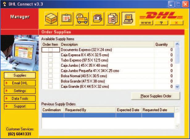 Adjust your settings, order supplies, send e-mail to DHL Customer Service or DHL Connect Technical Support, and import/ export data in a flash.