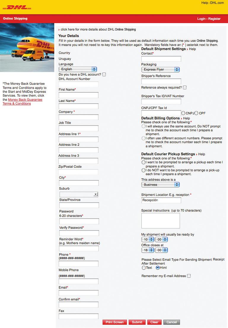 Your Details Step 1B: Choose to register with or without a DHL account number. Fill in all required form fields.