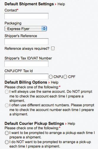 Step 1C: Select your default package, billing, and courier settings.