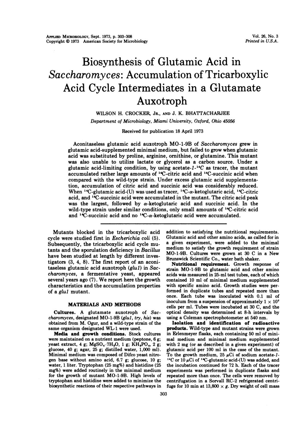 APPLIE MICROBIOLOGY, Sept. 1973, p. 33-38 Vol. 26, No. 3 Copyright 1973 American Society for Microbiology Printed in USA.
