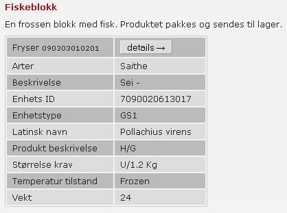 This is information on one 24kg block of frozen fish, unfortunately only available in Norwegian at the time of writing.