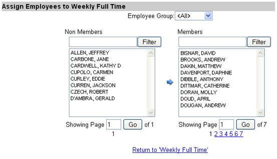 Select employees from the Non Members list (those not assigned to this policy) and click the blue arrow (2) to add them to the Members list
