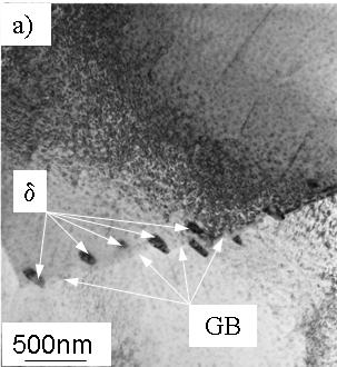 Figure 5: TEM micrographs showing the process of beginning discontinuous δ-precipitation: a) precipitation after 1 hr at 840 C, b) precipitation after 1 hr at 870 C.