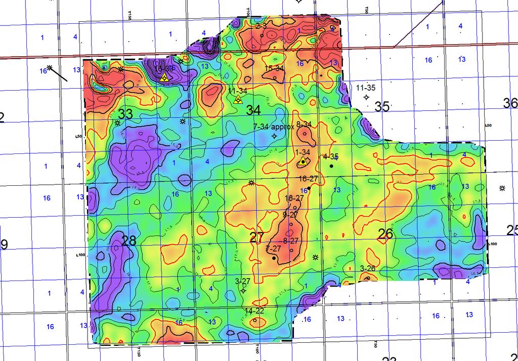 3D Seismic on Farm-in and AMI lands: Isochron Hotter colours = thicker A measurement (in milliseconds) of Upper Shaunavon thickness Thickness increases occur in a trend