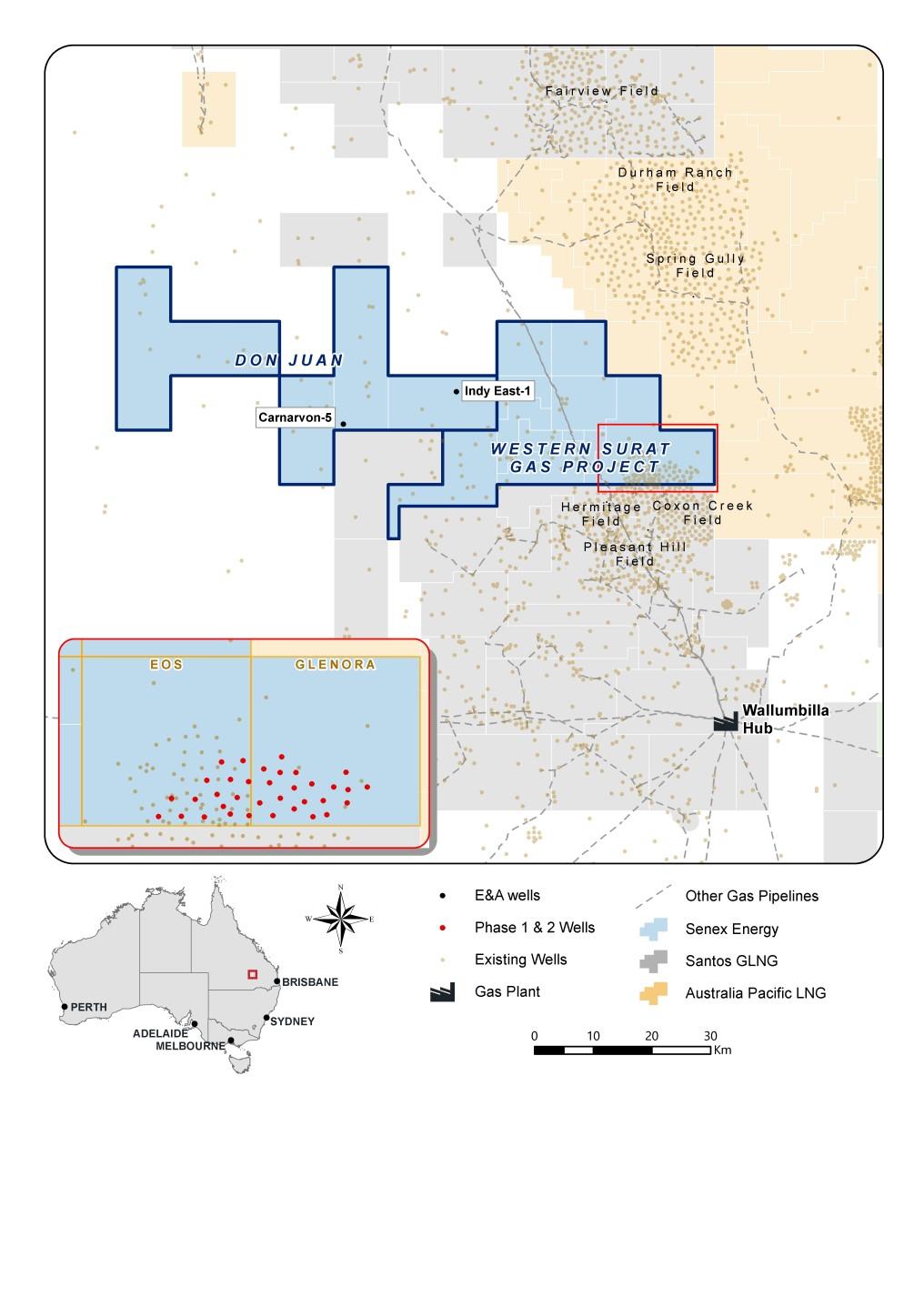 ly Report EAST COAST GAS BUSINESS SURAT BASIN Western Surat Gas Project In April, Senex was granted a Petroleum Lease (PL) over the initial development area of the Glenora and Eos blocks.