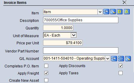 AP INVOICE ENTRY INVOICE ITEMS Item Use item for most purchases, FA items should only be used for equipment assets >$5,000 and land/buildings/improvements >$25,000 Description can be left blank if