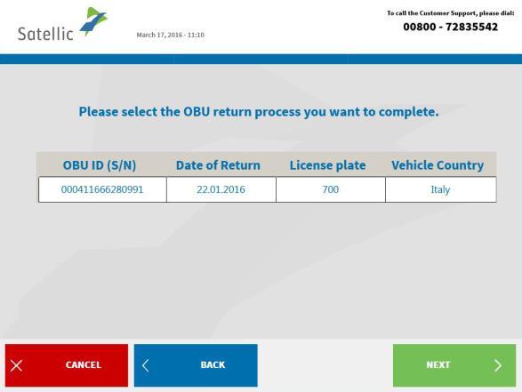6. Select the OBU return process you wish to complete.